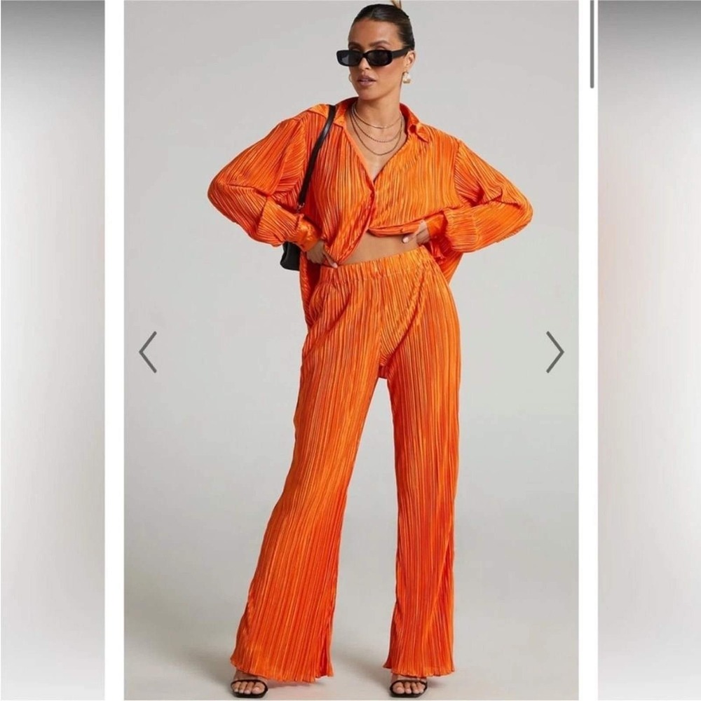 Showpo Beca Plisse Pleated 2 Piece Set Button Down Shirt Wide Leg Flared Pants 4